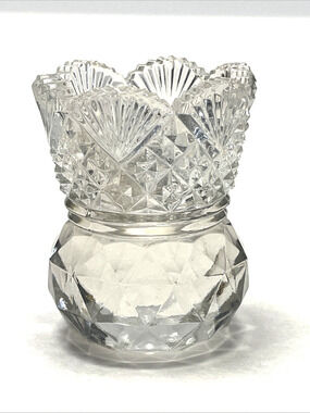 Brilliant Cut Glass Crystal Clear Toothpick Holder Fan Diamond Pattern 2.5"